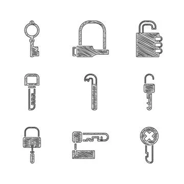 Set Crowbar, Marked key, Wrong, Unlocked, Lock picks for picking, Key, Safe Stock Illustration