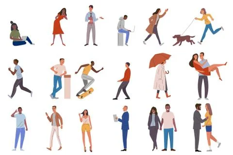 Set of crowd diverse people doing various leisure and job activities. Group of Illustrazione stock