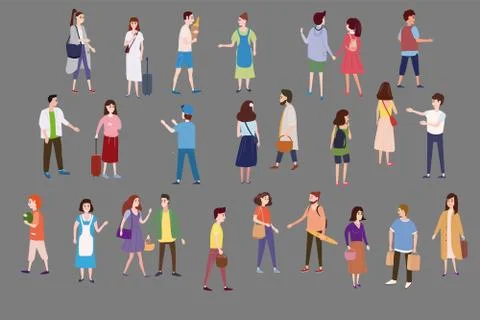 Set a crowd of people characters go about their business, make purchases, loving Stock Illustration