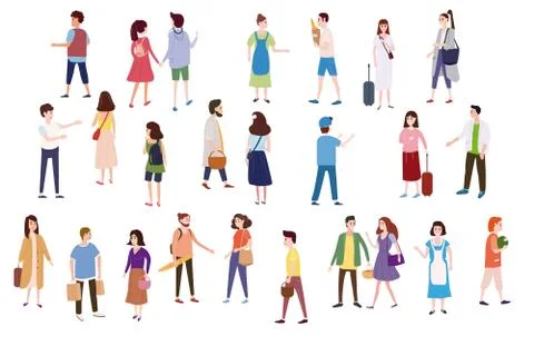 Set a crowd of people characters go about their business, make purchases, loving Stock Illustration