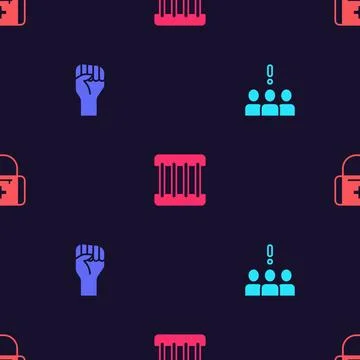 Set Crowd protest, Raised hand with clenched fist, Prison window and First ai Stock Illustration