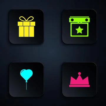 Set Crown, Gift box, Balloon in form of heart and Calendar party. Black square Stock Illustration