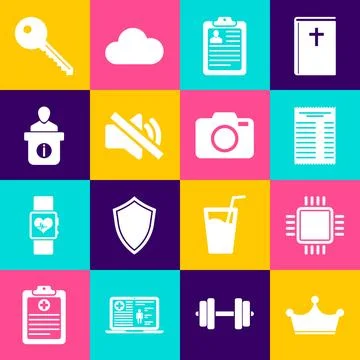 Set Crown, Processor with CPU, Paper financial check, Clipboard resume, Spe.. Illustrazione stock