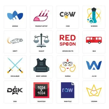 Set of crown, raw file, dgk, durga, excalibur, spoon on its, drift, cow, adid Free Stock Illustration