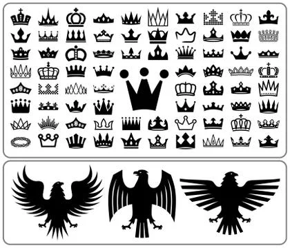 Set of crowns and eagle rampant. Heraldry elements design collection. Illustration