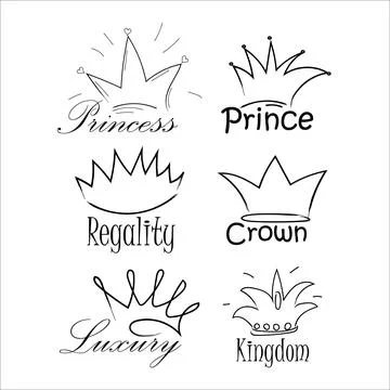 Set of crowns with text in doodle style isolated on white background. Collection Illustrazione stock