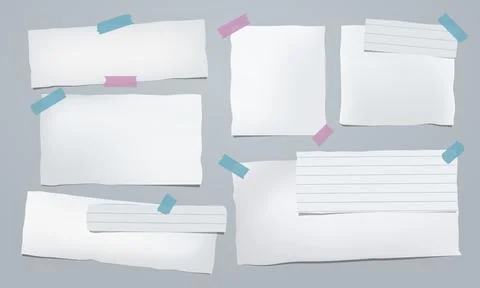 Set of crumple white note, notebook paper pieces with sticky tape stuck on dark Stock Illustration