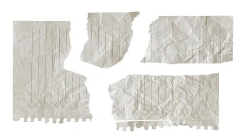 Set of crumpled torn beige paper scraps isolated on white background. Ripped  Stock Photos