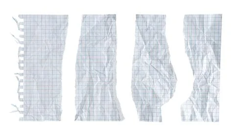 Set of crumpled torn white squared paper strips isolated on white background. Stock Photos