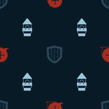 Set Crusade, Shield and Castle tower on seamless pattern. Vector Stock Illustration