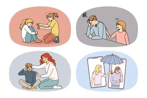 Set of crying people get help and support Stock Illustration