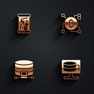 Set Cryogenic capsules, Blockchain technology Bitcoin, Cloud database and icon Stock Illustration
