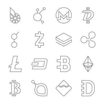 Set of crypto currency logo coins: BitShares, BitConnect, Monero, DigiByte, G Stock Illustration