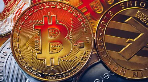 Set of cryptocurrencies with Bitcoin, Etherium, Ripple, Litecoin. Cryptocurre Stock Photos