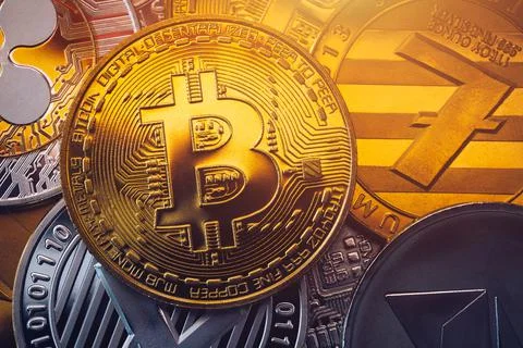 Set of cryptocurrencies with Bitcoin, Etherium, Ripple, Litecoin. Cryptocurre Stock Photos
