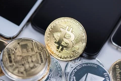 Set of cryptocurrencies. Bitcoin as most important cryptocurrency concept. Stock Photos