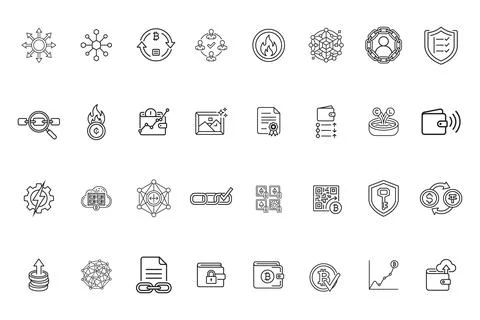 Set of cryptocurrency and blockchain technology line icons Stock-Illustration