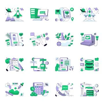 Set of Cryptocurrency and Development Flat Line Illustrations Illustrazione stock