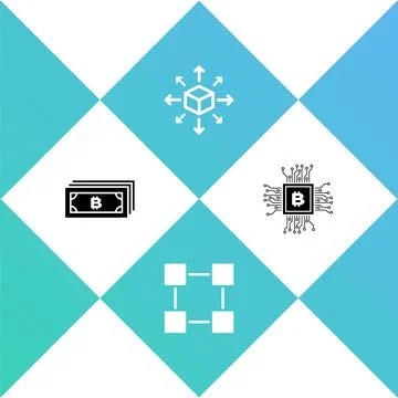 Set Cryptocurrency bitcoin, Blockchain technology, Distribution and CPU mining Stock Illustration