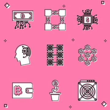 Set Cryptocurrency bitcoin with circuit, Blockchain technology, Processor chip Stockillustratie