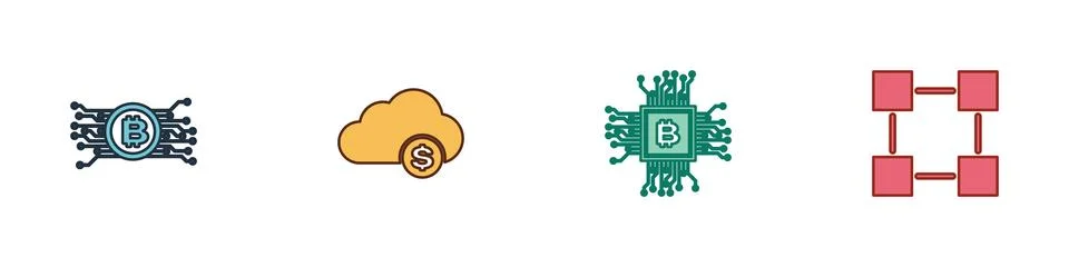 Set Cryptocurrency bitcoin in circuit, cloud mining, CPU farm and Blockchain Stock Illustration