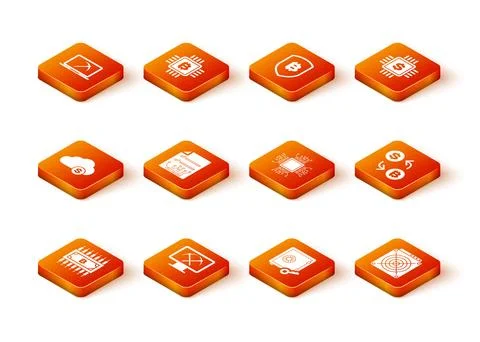 Set Cryptocurrency bitcoin with circuit, Mining monitor and pickaxe, cloud Illustrazione stock
