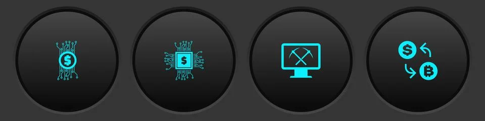 Set Cryptocurrency bitcoin in circuit, Processor chip with dollar, Mining Illustrazione stock