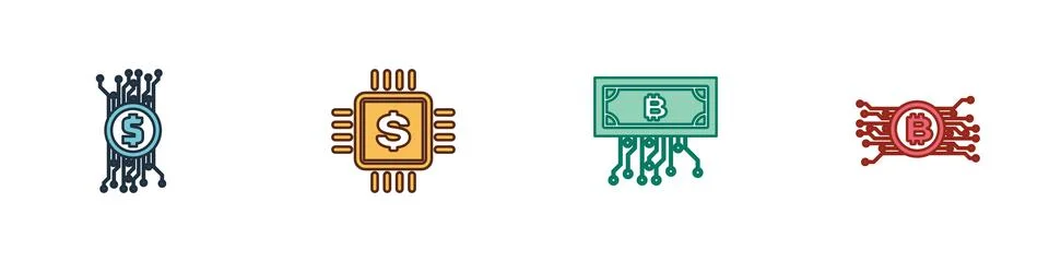 Set Cryptocurrency bitcoin in circuit, Processor chip with dollar, and icon イラスト素材