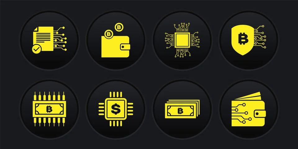 Set Cryptocurrency bitcoin with circuit, Shield, Processor chip dollar, , and Illustrazione stock