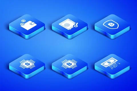 Set Cryptocurrency bitcoin with circuit, wallet, CPU mining farm, Processor chip 스톡 일러스트