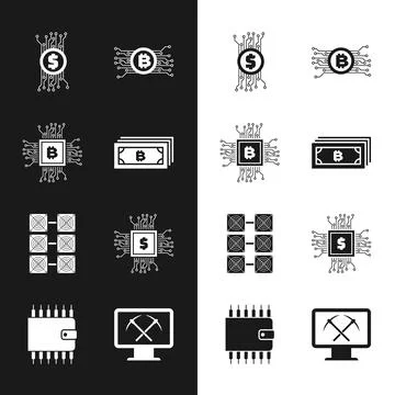 Set Cryptocurrency bitcoin, CPU mining farm, circuit, , Mining and Processor Illustrazione stock