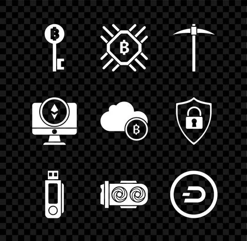 Set Cryptocurrency Bitcoin key, CPU mining farm, Pickaxe, USB flash drive Stock Illustration