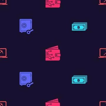 Set Cryptocurrency bitcoin, Proof of stake, wallet and Mining with laptop and Stock Illustration