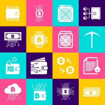 Set Cryptocurrency bitcoin, Smart contract, Pickaxe, ASIC Miner, Processor chip 스톡 일러스트