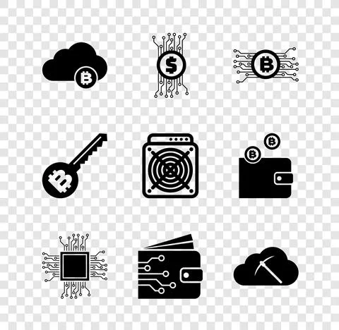 Set Cryptocurrency cloud mining, bitcoin circuit, , Processor, wallet and icon Illustrazione stock