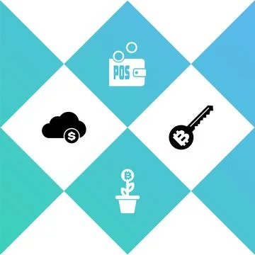 Set Cryptocurrency cloud mining, Bitcoin plant the pot, Proof of stake and key Stock Illustration