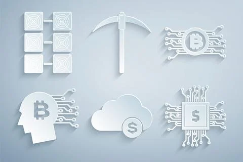 Set Cryptocurrency cloud mining, bitcoin circuit, Bitcoin think, Processor chip Illustrazione stock