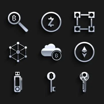Set Cryptocurrency cloud mining, Bitcoin key, Ethereum ETH, USB flash drive.. Stock Illustration