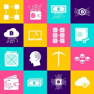 Set Cryptocurrency cloud mining, Blockchain technology, Proof of stake, bitcoin Illustrazione stock