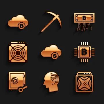 Set Cryptocurrency cloud mining, Brain as digital circuit board, ASIC Miner, CPU 스톡 일러스트
