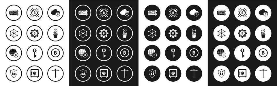 Set Cryptocurrency cloud mining, coin Bitcoin, Blockchain technology, Mining Illustrazione stock