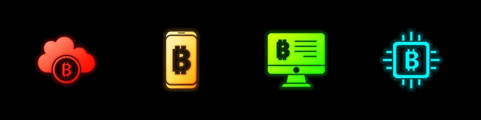 Set Cryptocurrency cloud mining, Mining bitcoin from mobile, monitor and CPU Stock Illustration