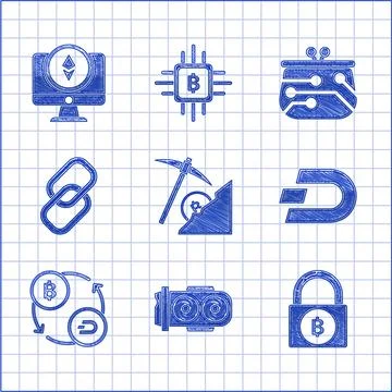 Set Cryptocurrency cloud mining, Mining farm, Lock with bitcoin, Dash, exchange Illustrazione stock