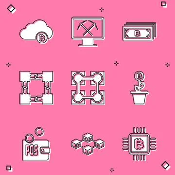 Set Cryptocurrency cloud mining, Mining with monitor and pickaxe, bitcoin Illustrazione stock
