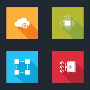 Set Cryptocurrency cloud mining, Processor, Blockchain technology and Proof of Illustrazione stock