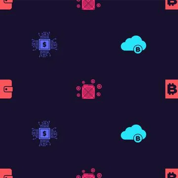 Set Cryptocurrency cloud mining, Processor chip with dollar, ASIC Miner and Illustrazione stock