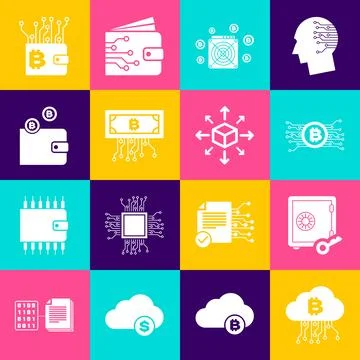 Set Cryptocurrency cloud mining, Proof of stake, bitcoin circuit, ASIC Mine.. Ilustração Stock