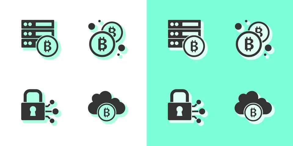 Set Cryptocurrency cloud mining, Server bitcoin, Lock with and Bitcoin icon Illustrazione stock