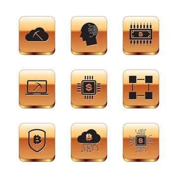 Set Cryptocurrency cloud mining, Shield with bitcoin, , Processor chip dollar Illustrazione stock