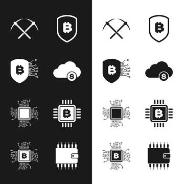 Set Cryptocurrency cloud mining, Shield with bitcoin, Crossed pickaxe, , Proc 스톡 일러스트